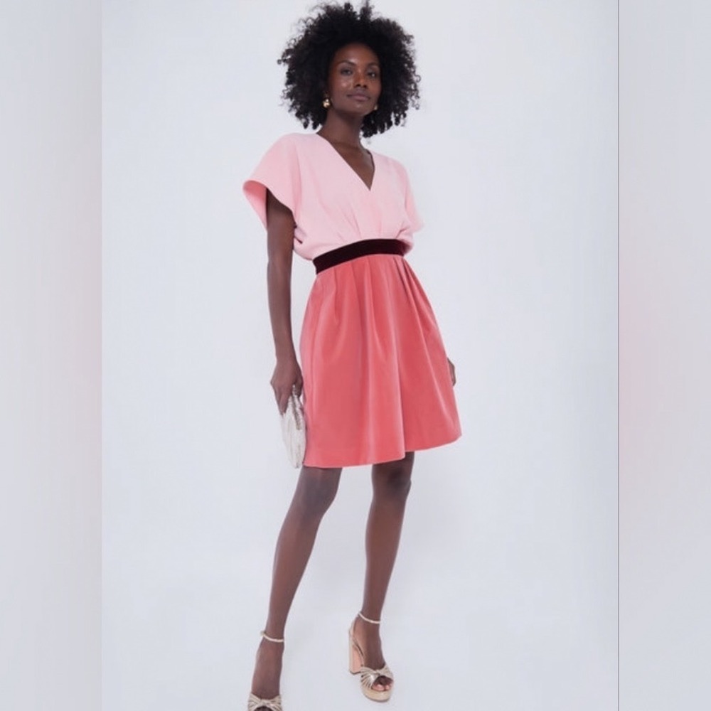 Pomander Place Pink Colorblock V-Neck Velvet Waist Mini Dress B1860 Womens L